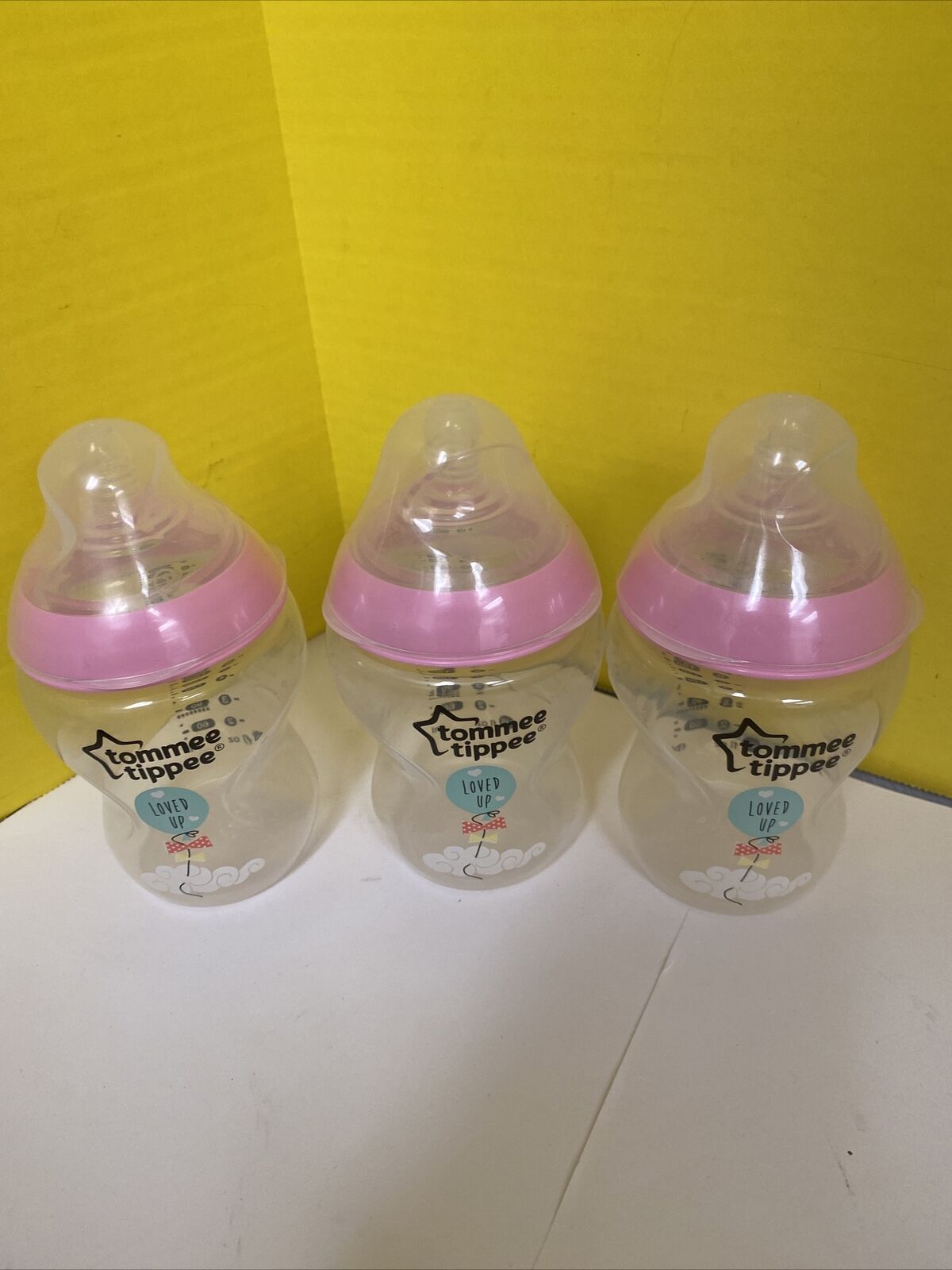 3 Tommy Tippee Bottles Pink Loved Up Balloon Used Once