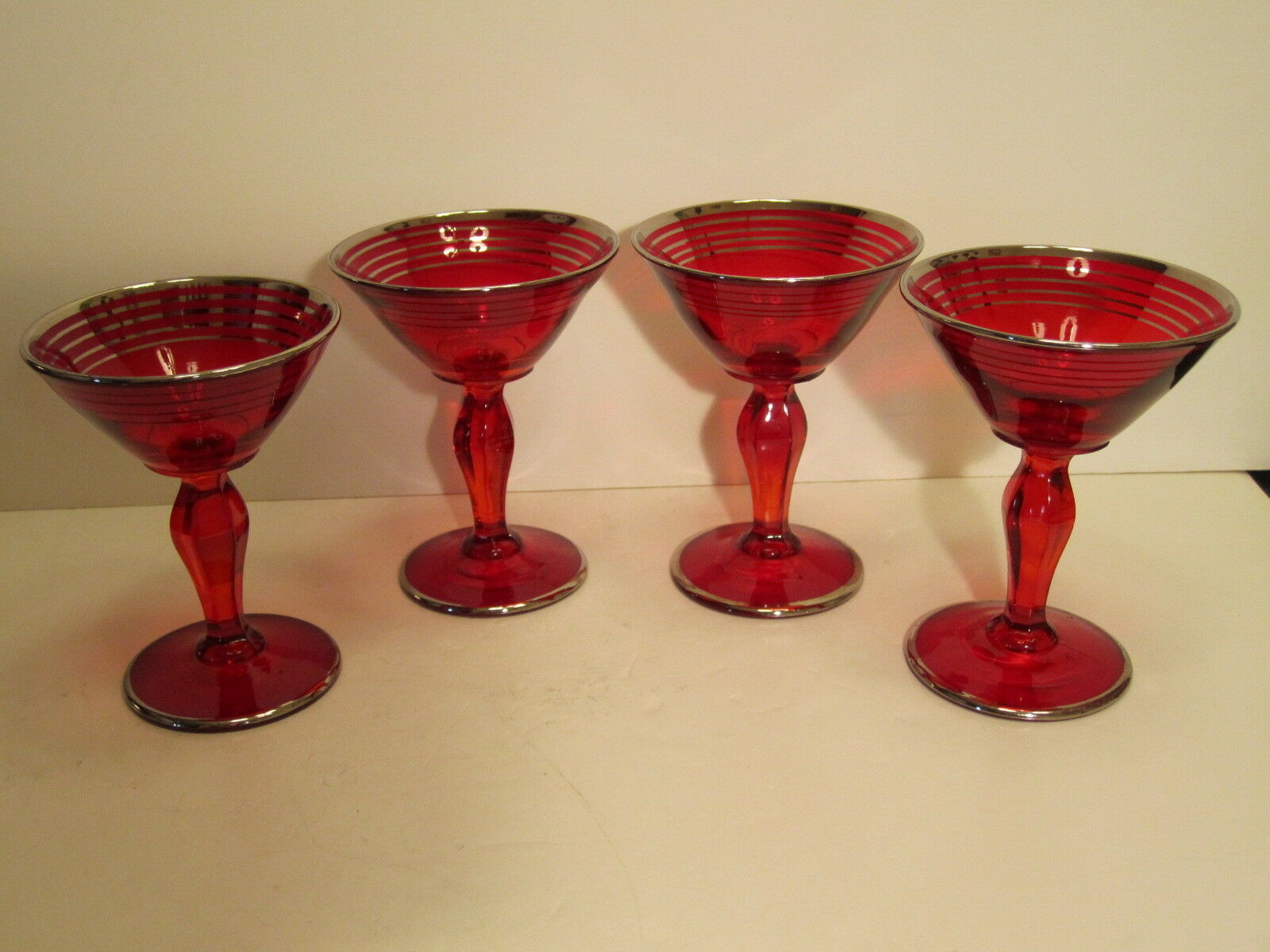 Set Of 4 Vtg Elegant Ruby Red With Sterling Silver Trim Wine Stems