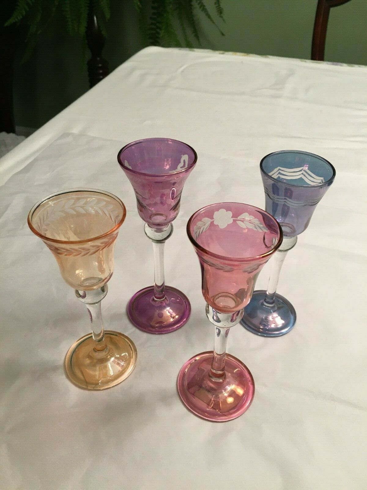 Etched Colored Cordial Glasses Stemware Hand Blown 4 Patterns Nwt