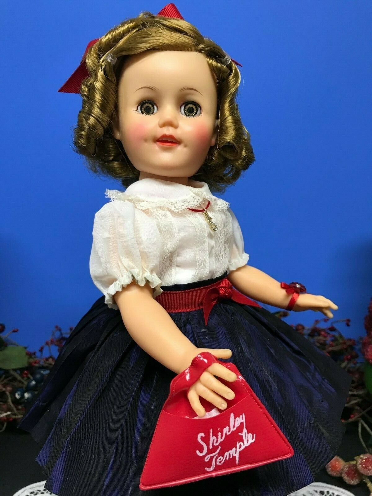 Original 15" Ideal Shirley Temple Doll In White & Navy Blue Blouse & Skirt Set!