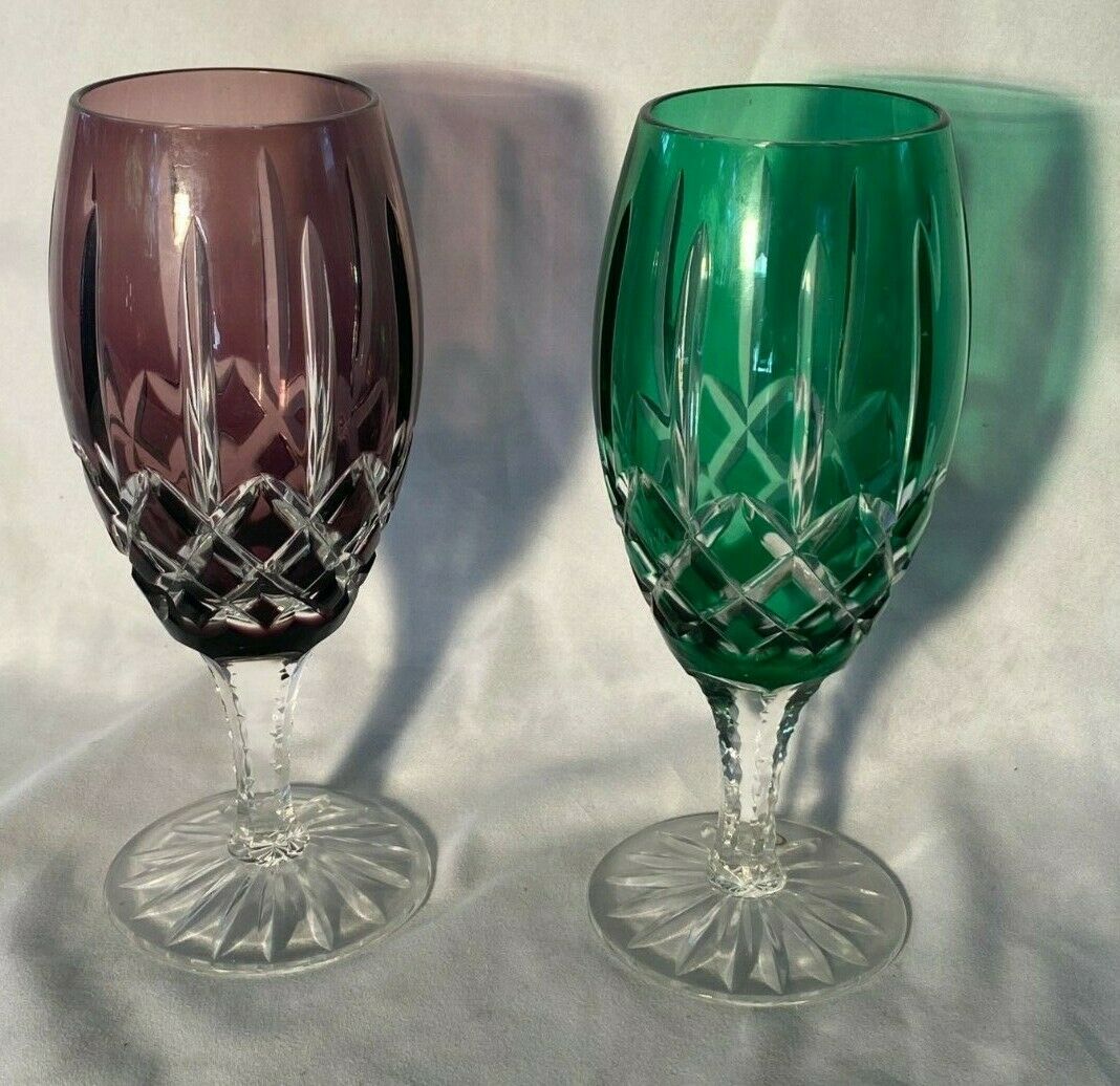2 Crystal Clear To Color Goblets / Wine Glasses, Green & Purple