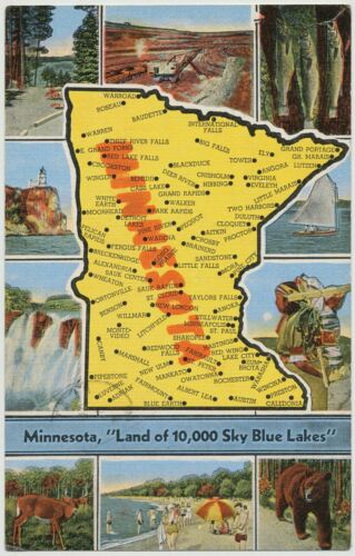 Vintage Map Postcard, Minnesota "land Of 10,000 Sky Blue Lakes"