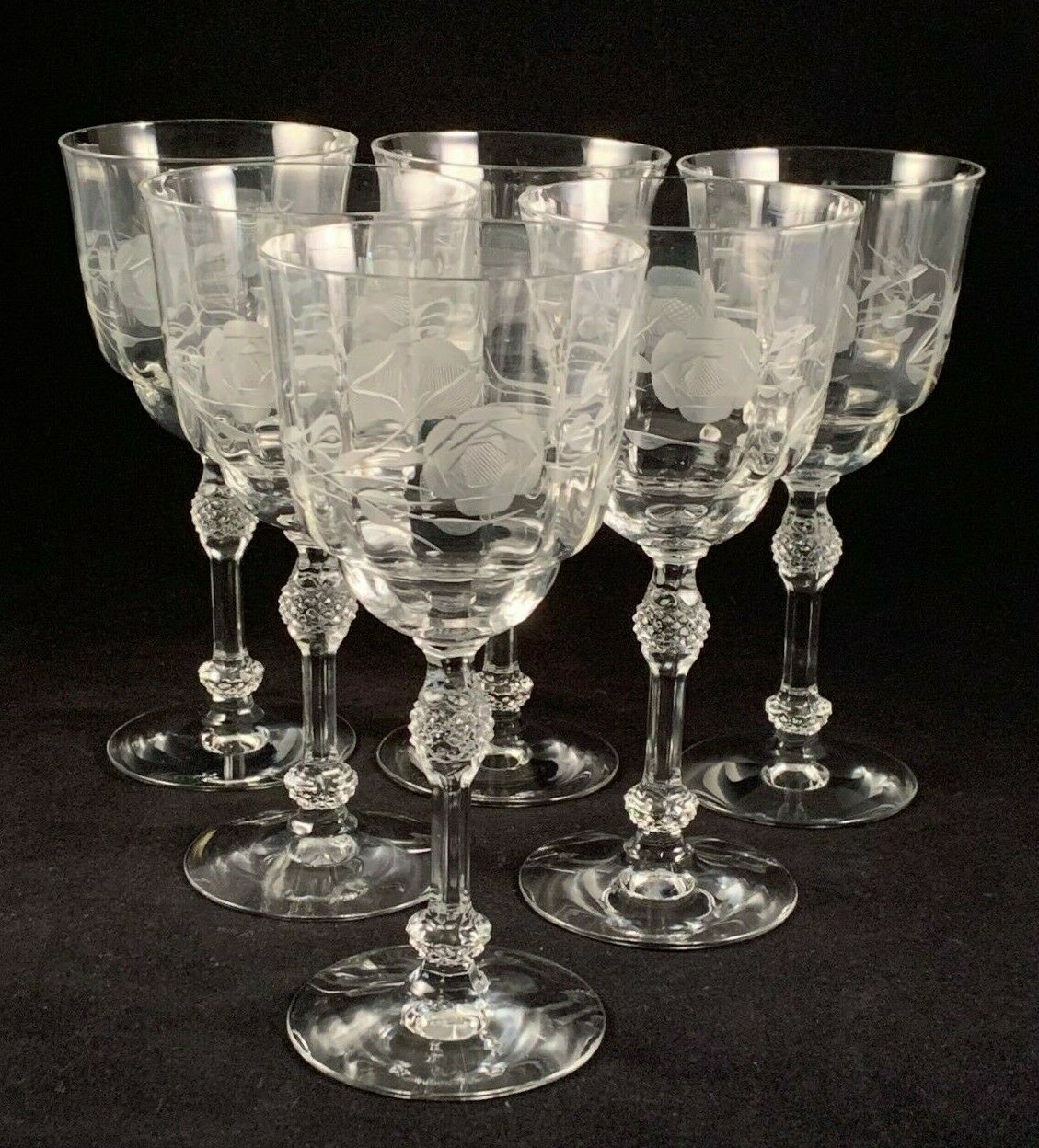 Set Of 6 Vintage Etched Optic Paneled Crystal 10 Oz. Water/wine Goblets - Floral