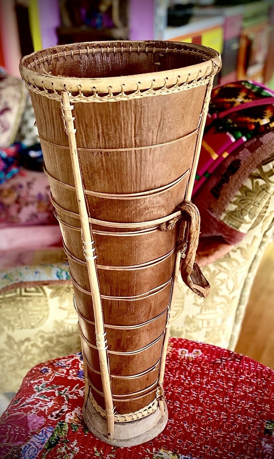 Malaysian Bidayuh Carrying Basket With Straps, Palm Leaves, Woven Rattan