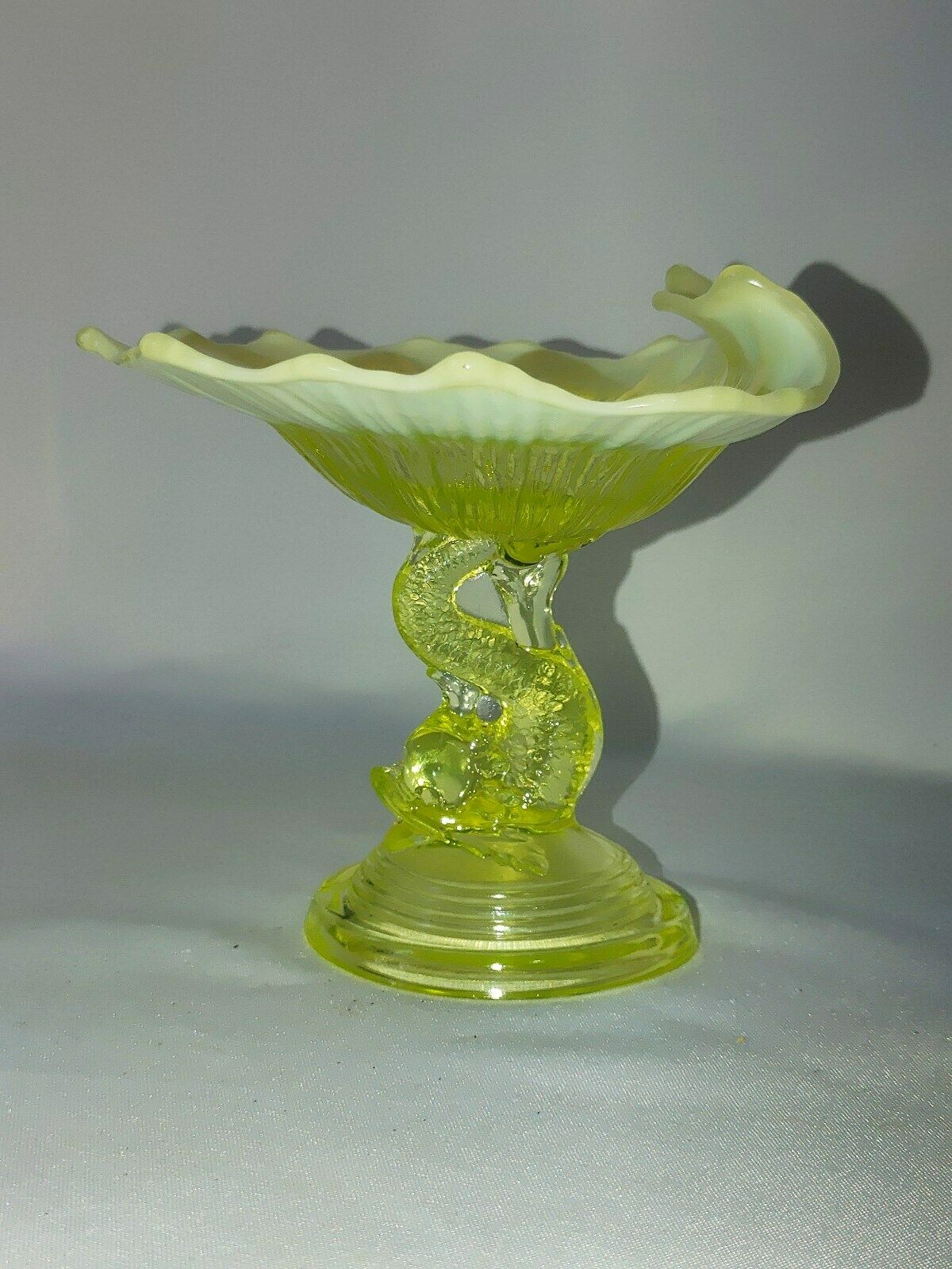 Yellow Green Vaseline Opalescent Glass Compote With Dolphin Koi Fish Pedestal